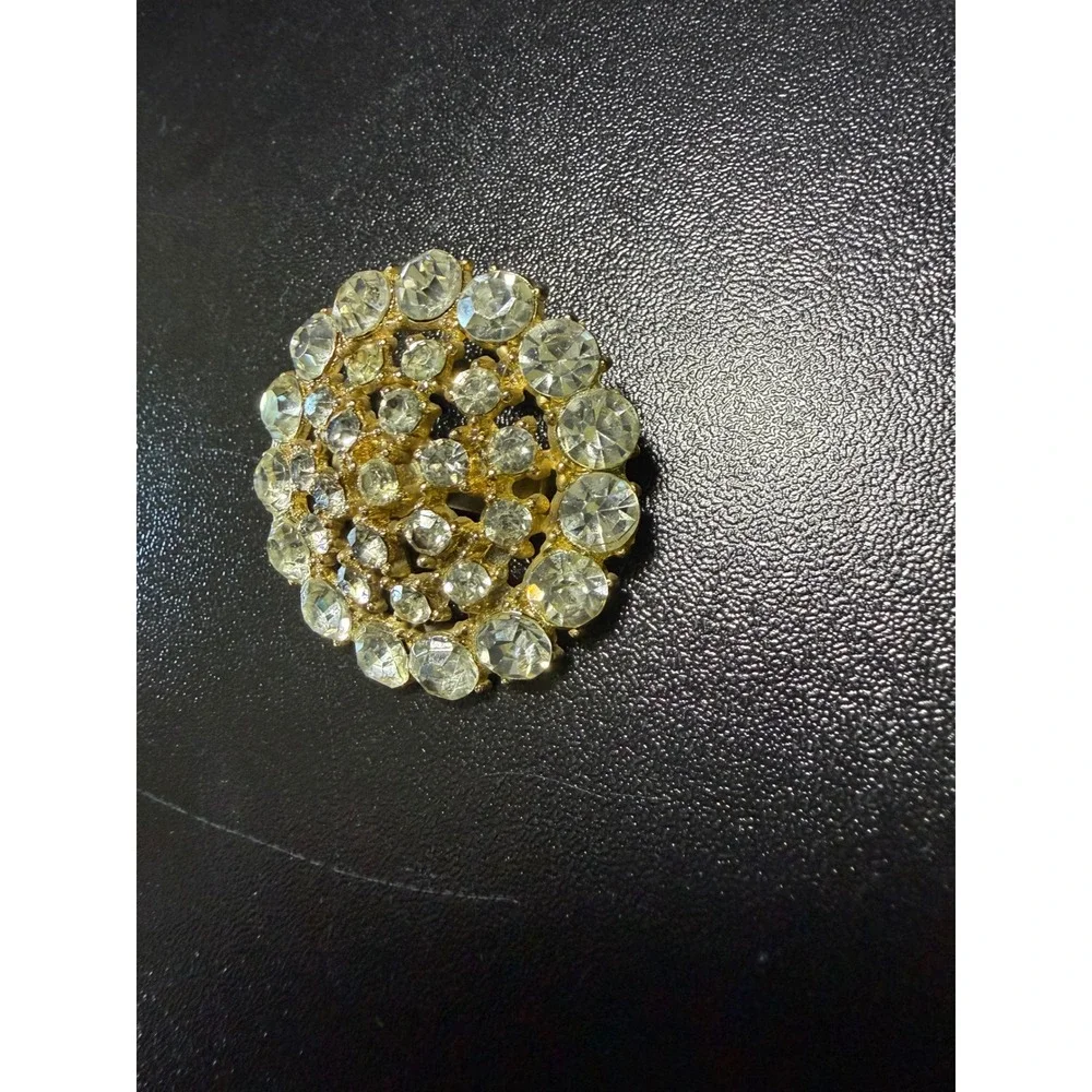 Vintage Gold Tone Clear Rhinestone Round Sunburst Tiered Brooch Pin 1.5 Inch